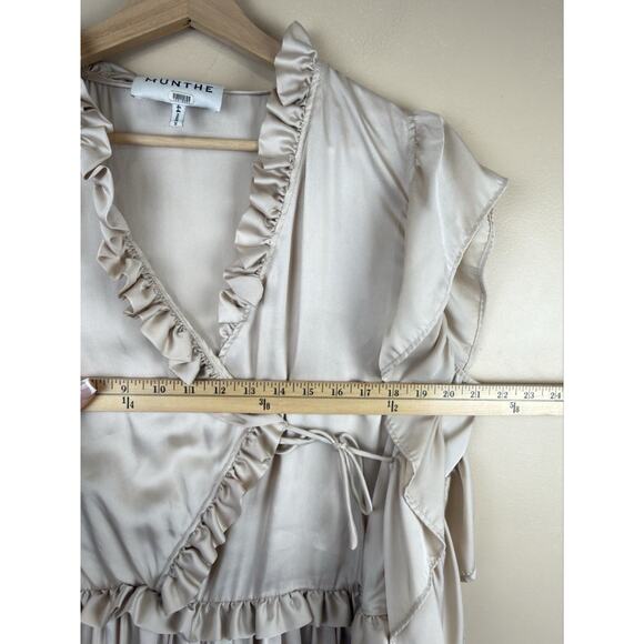 Munthe Vox Wrap Blouse Women’s Ivory Ruffle Satin Like Top Approx Size M/L Boho - Picture 11 of 13